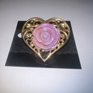 Gold Tone Heart Brooch‎ with Pink Rose Carving